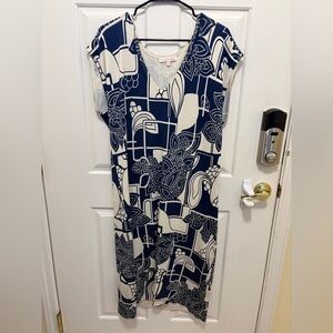 Tori Richard XL Blue & White Abstract Geo-Botanical Shift Dress – Resort Wear